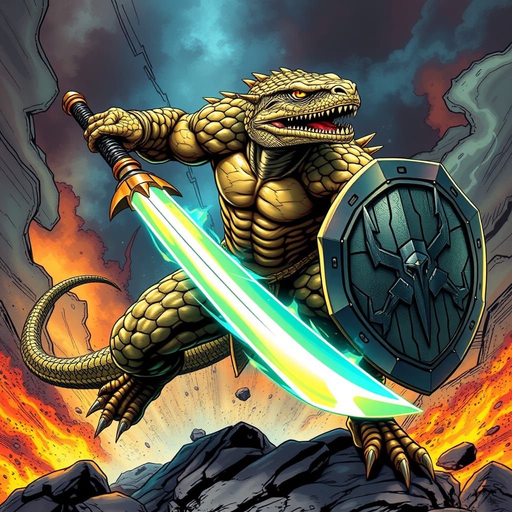 Epic Lizard Warrior in Dynamic Action