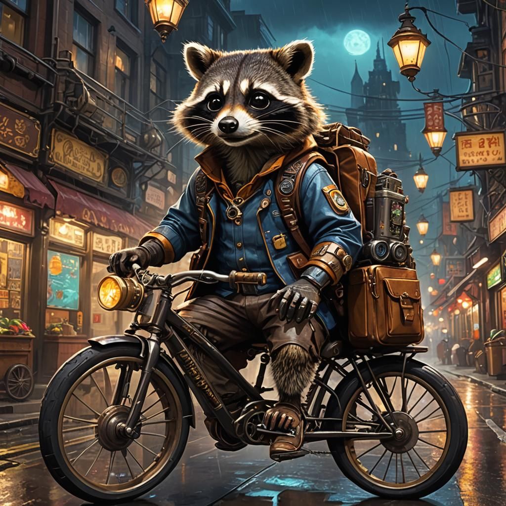 Raccoon Rides Steampunk Bicycle Through City in Royo Art