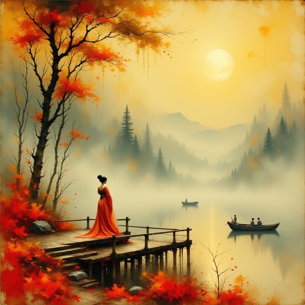 Woman in Hanfu Overlooking Lake, Art Nouveau Style