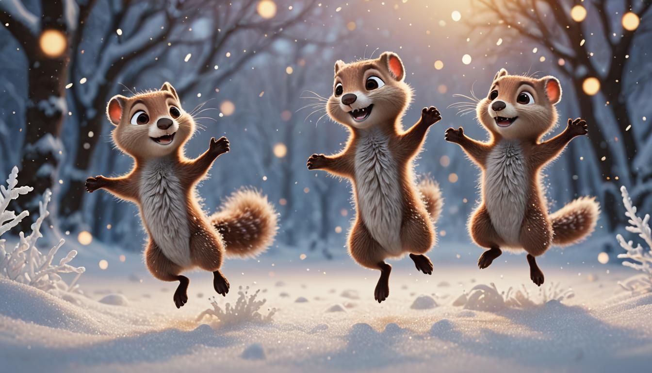 Playful Weasels Jumping in a Snowy Scene