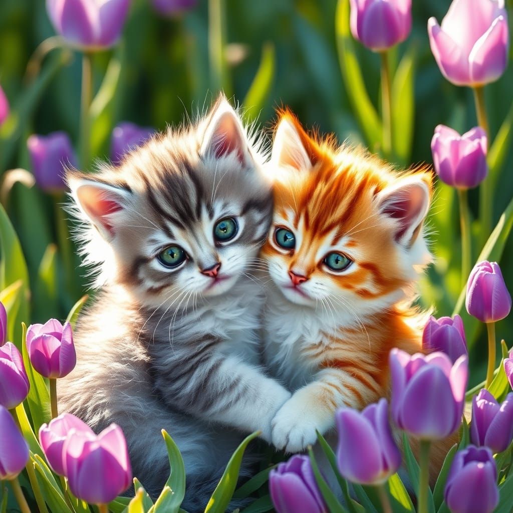 Whimsical Kitties in a Purple Tulip Garden