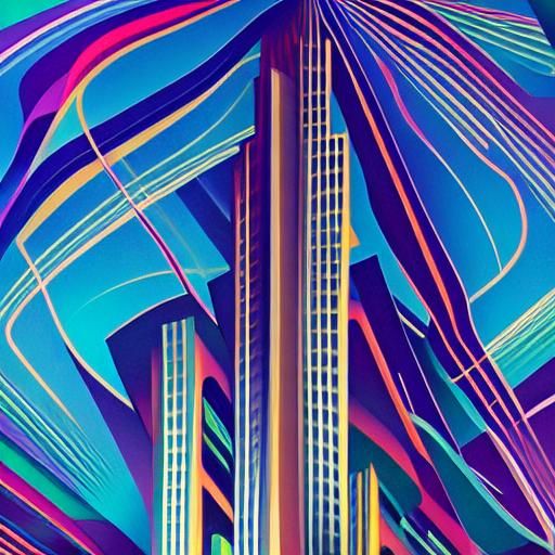One skyscraper, a towering monolith of swirling geometric sh...