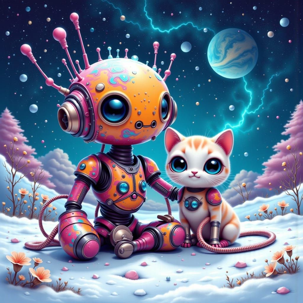 Robot and Kitty in Cosmic Winter Landscape