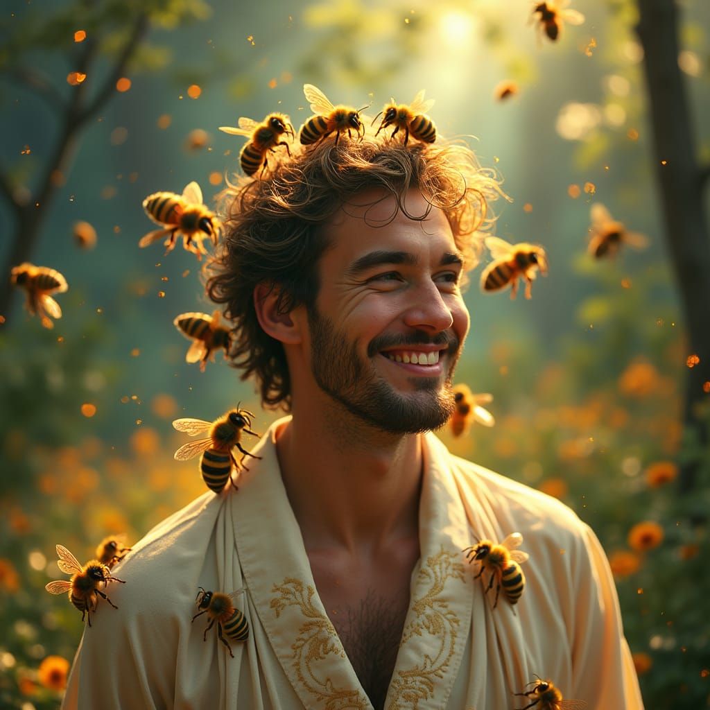 Man Groomed by Bees in Lush Forest