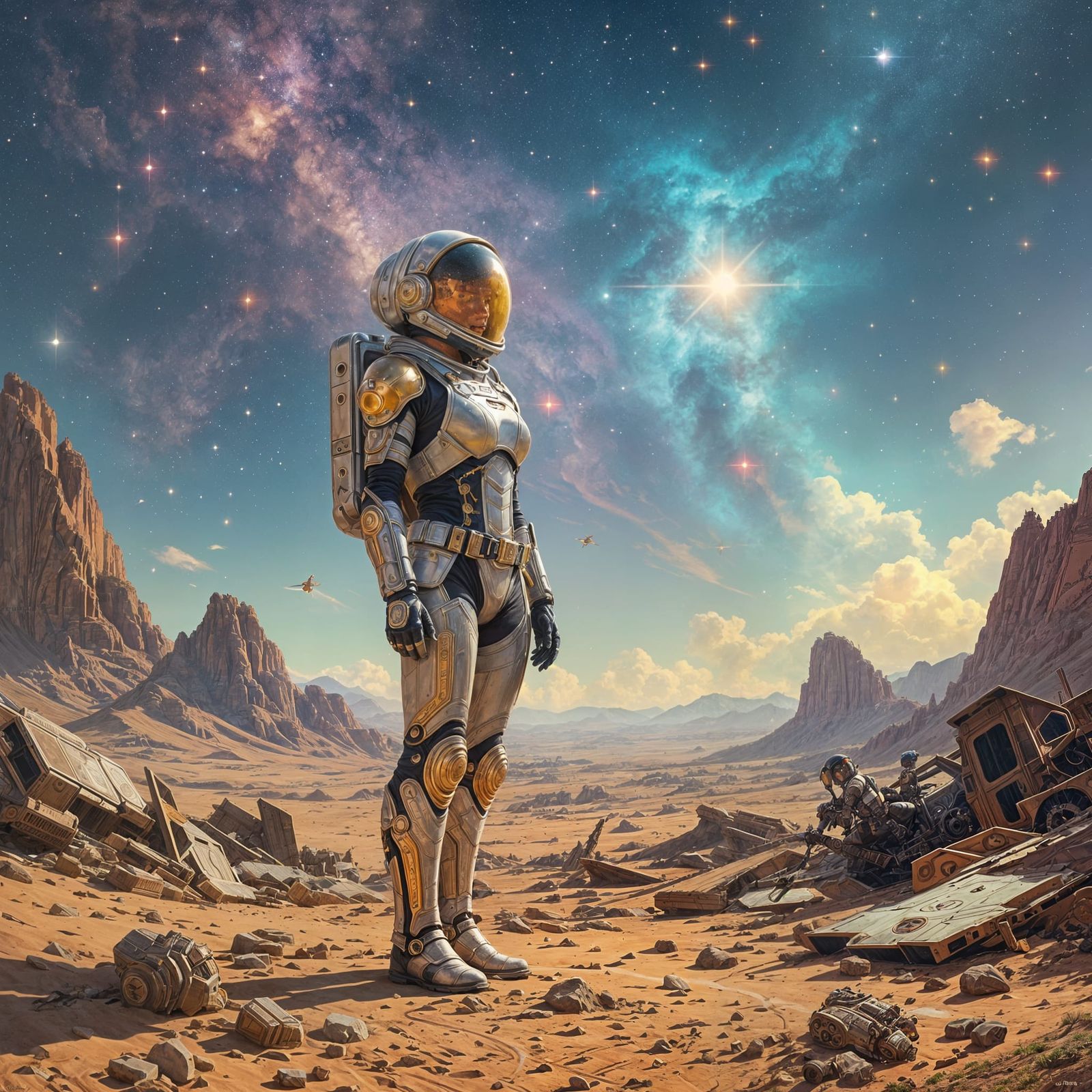 Astronaut Gazing at Nebula Sky on Alien Planet