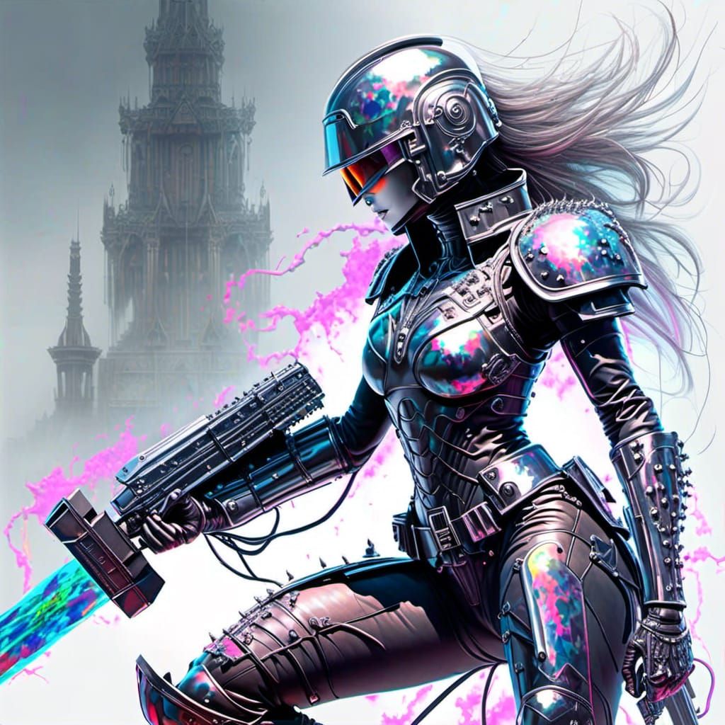 Woman with Mjolnir in Airbrush Synthwave Style