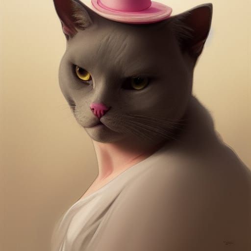 Grumpy Grey Cat in Pink Bonnet: Artgerm Portrait