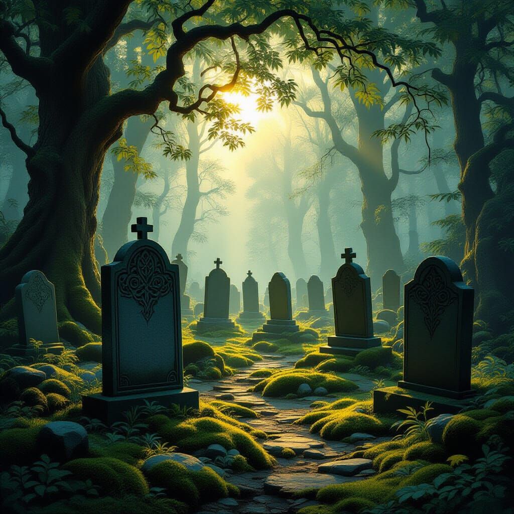 Ancient Graveyard in Misty Forest with Celtic Knotwork