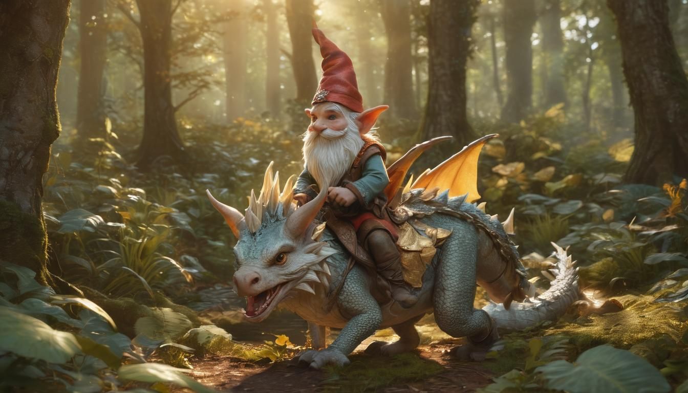 Gnome Riding Dragon in Forest Illustration