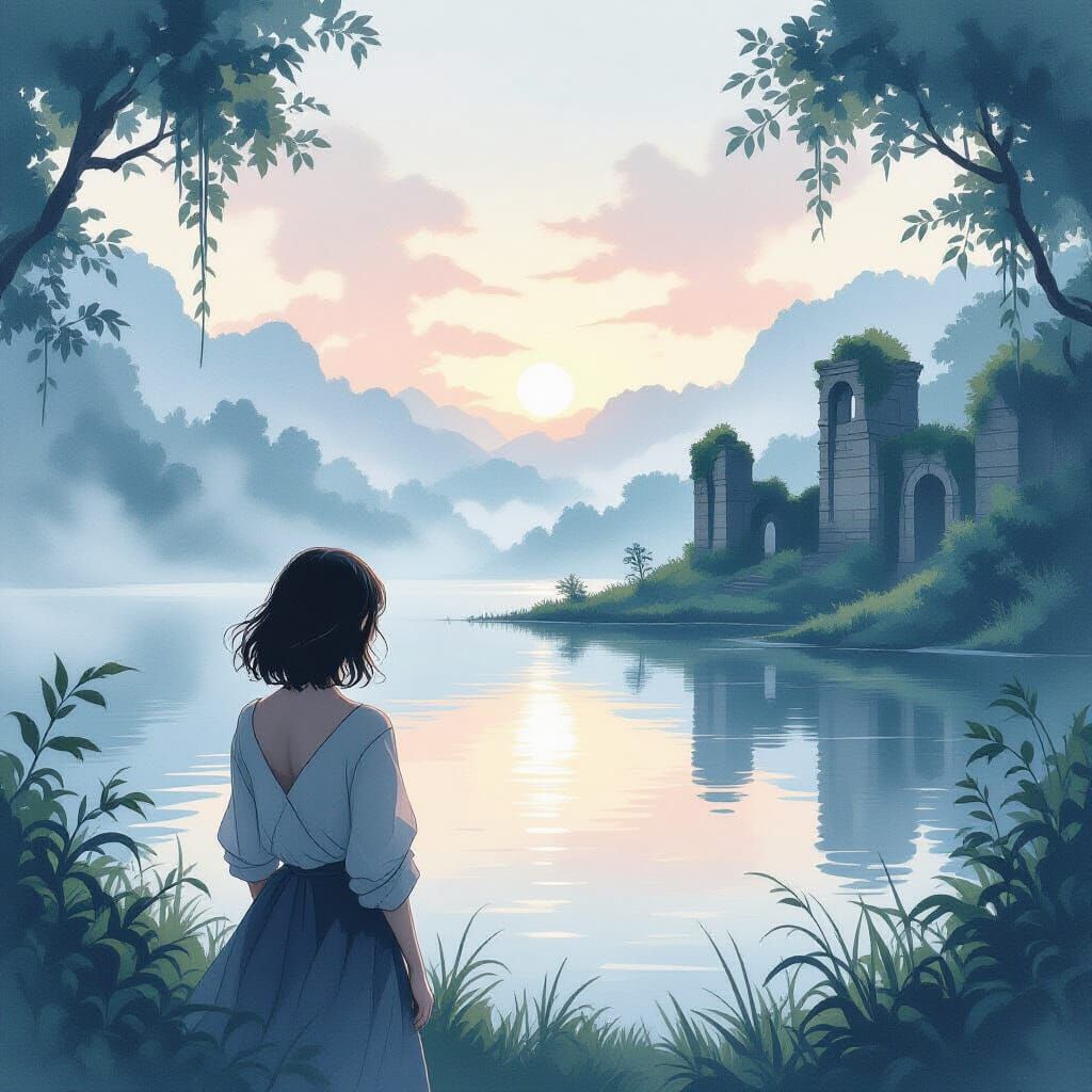 Woman Contemplating Mist-Shrouded Lake at Dawn
