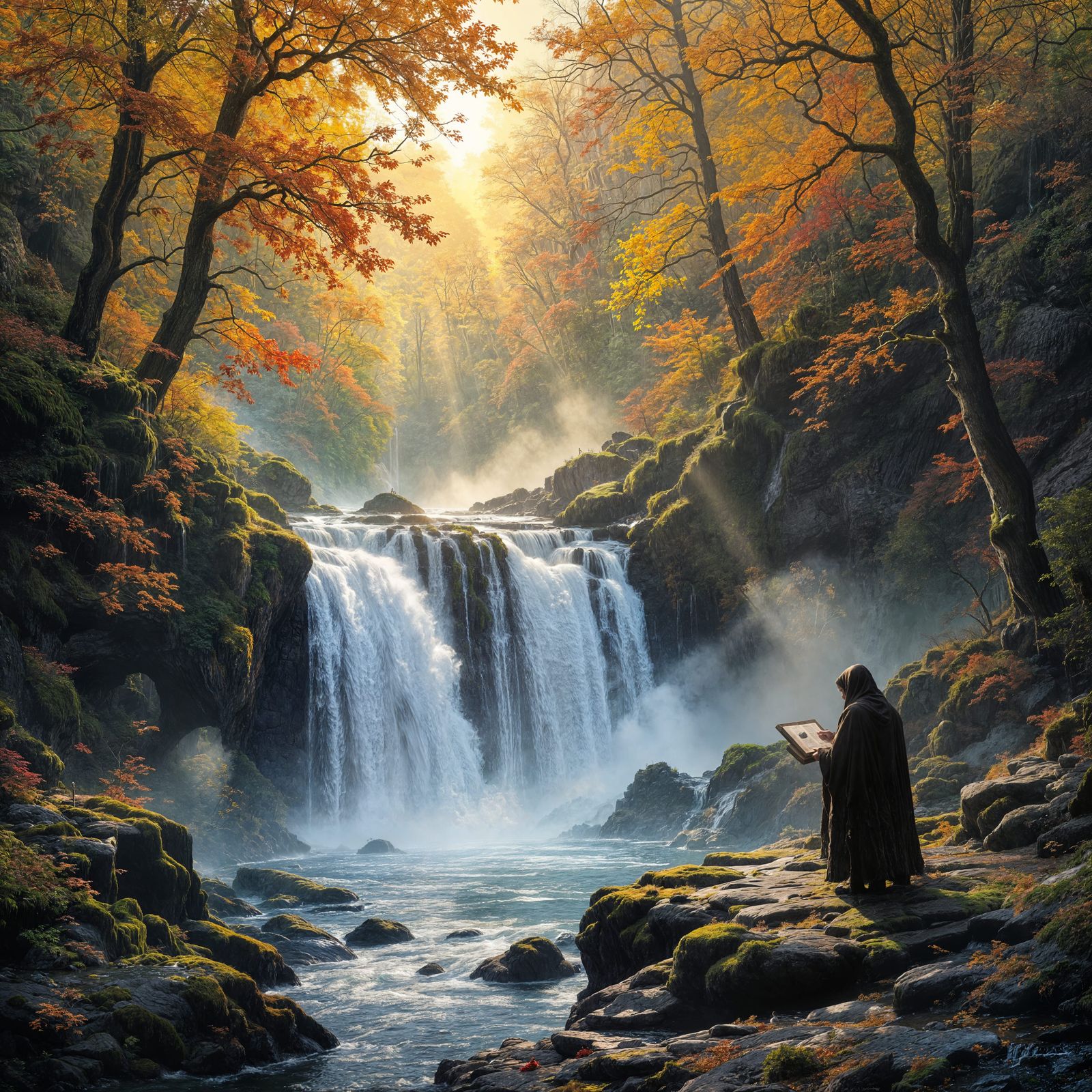 Autumn Waterfall Scene with Golden Sunlight and Solitary Art...