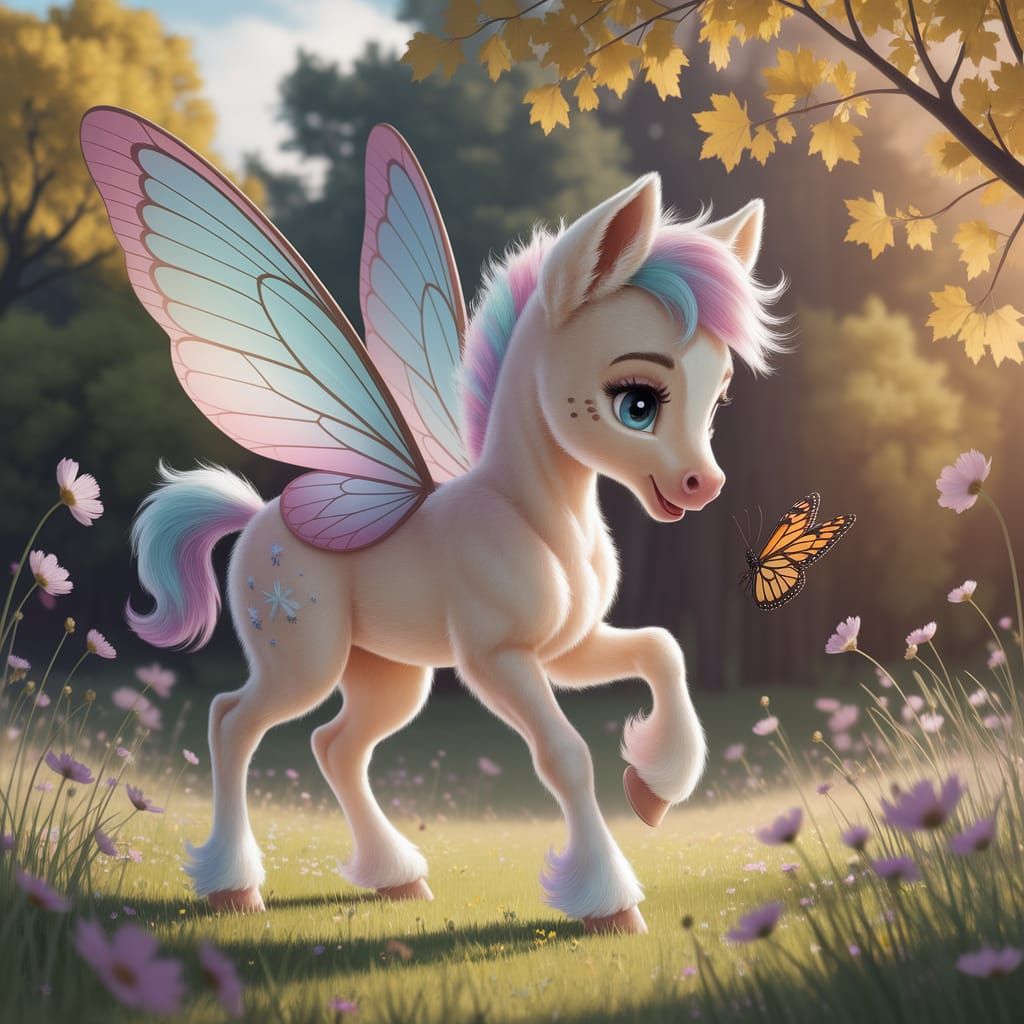Whimsical Winged Foal in a Sunlit Meadow