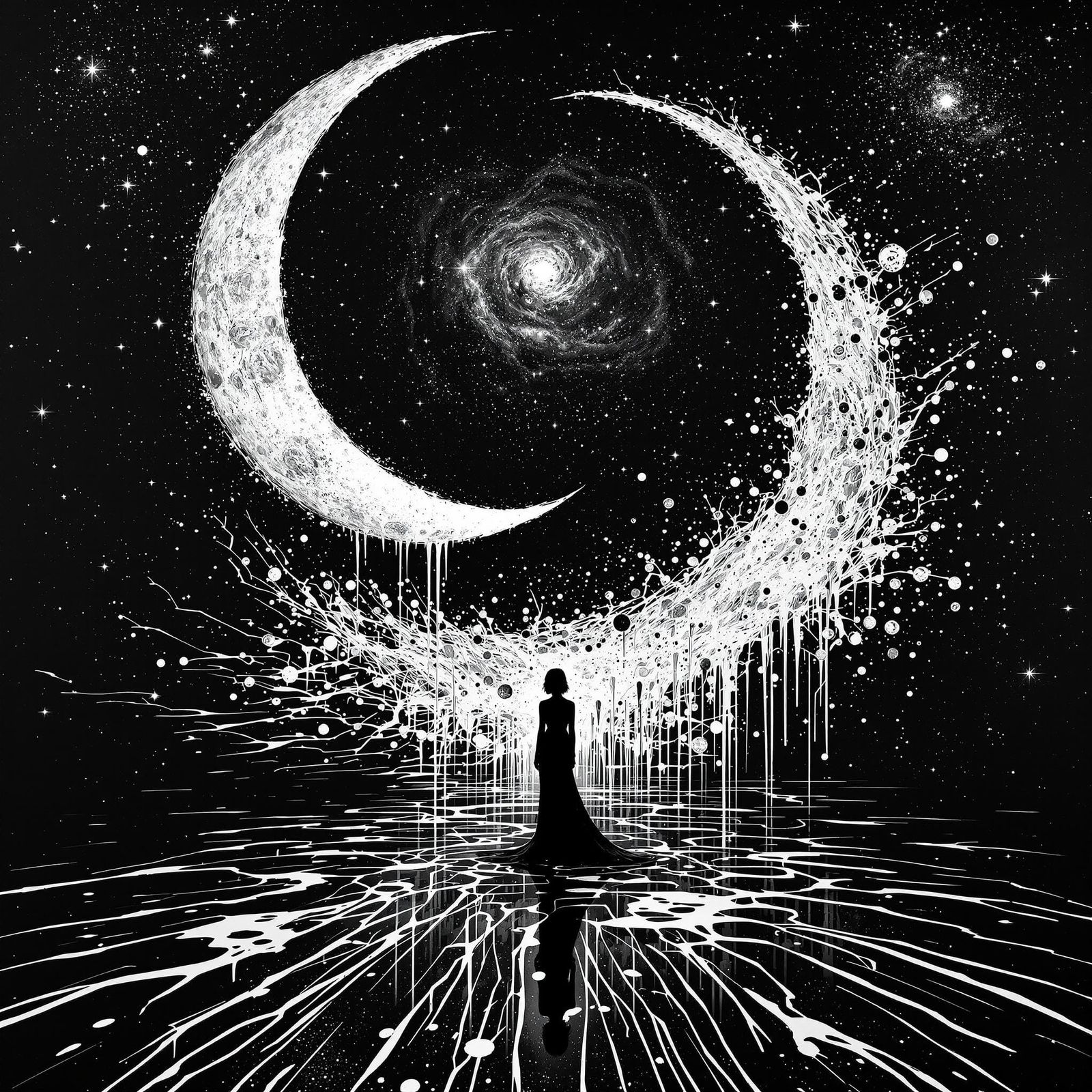 Woman Under Crescent Moon with Escher-Inspired Silhouettes