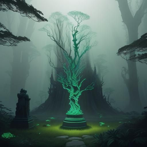 Bioluminescent Creeper in Misty Forest, Fantasy Concept Art