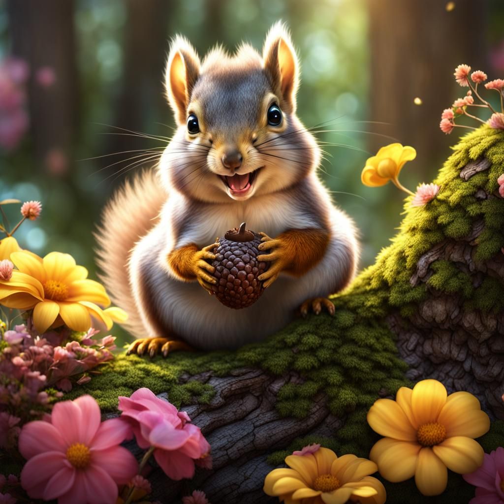 Adorable Squirrel with Acorn: Detailed Fantasy Concept Art