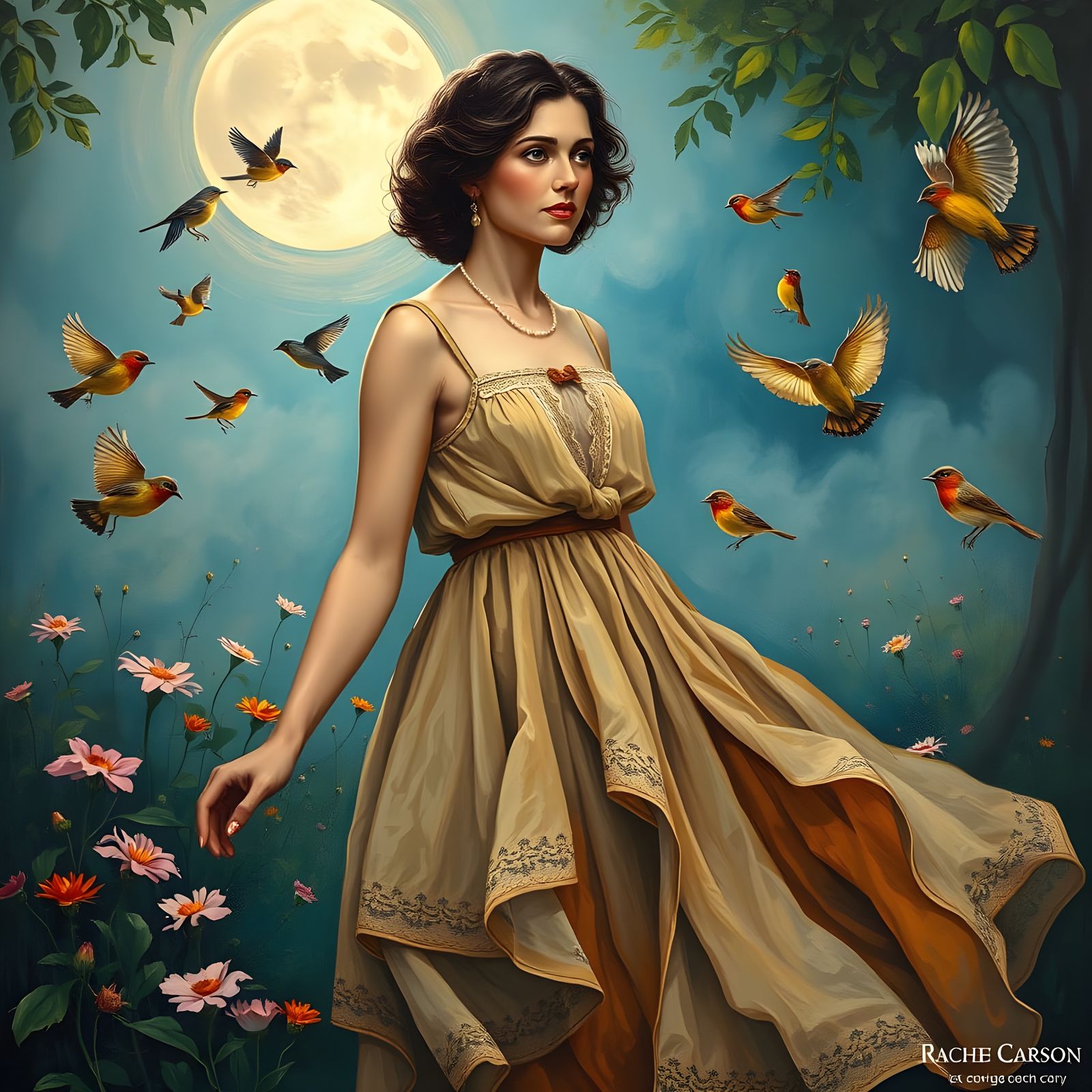 Neo-Impressionist Rachel Carson in Whimsical Garden Scene