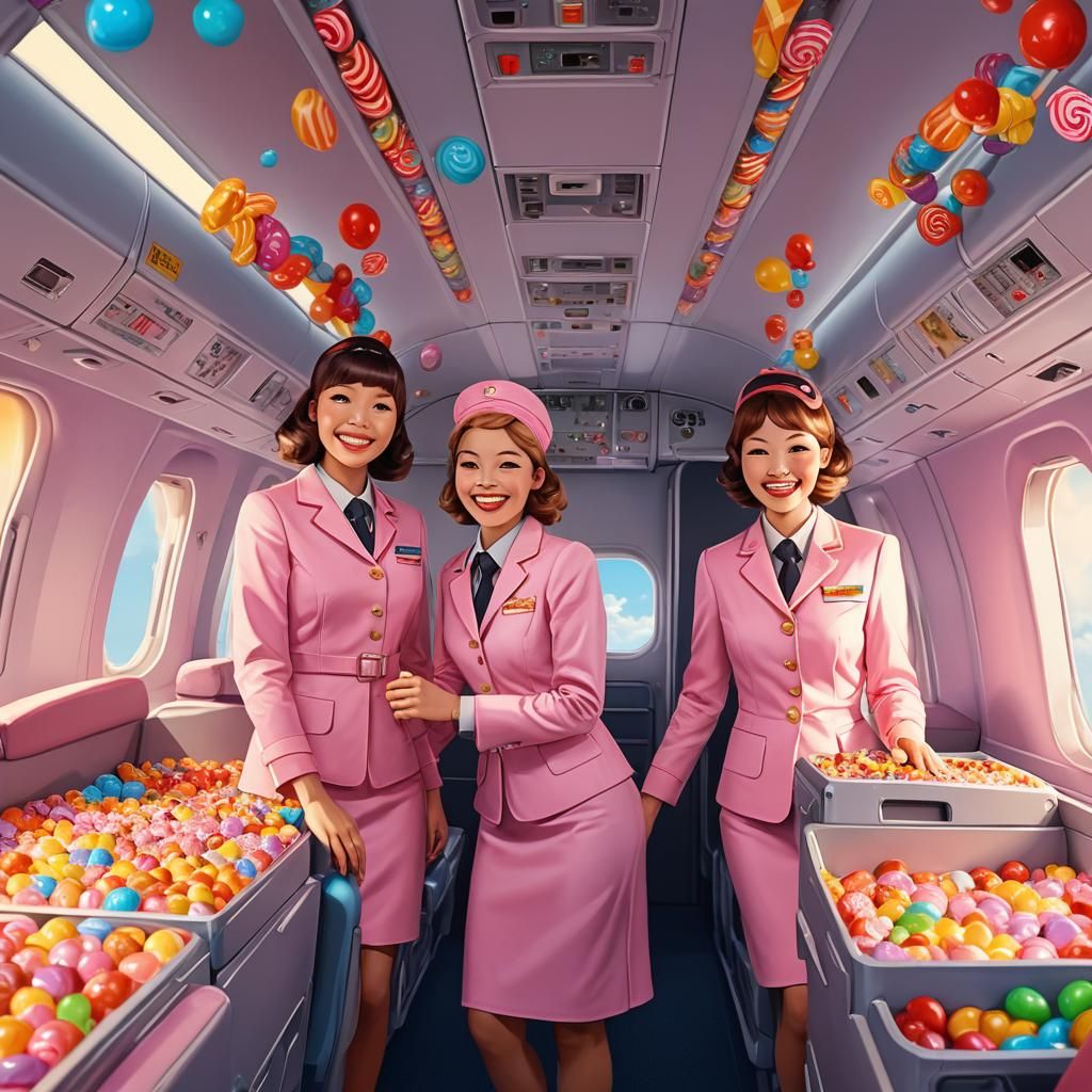 Candy Airplane with Smiling Stewardesses in Candyland Art