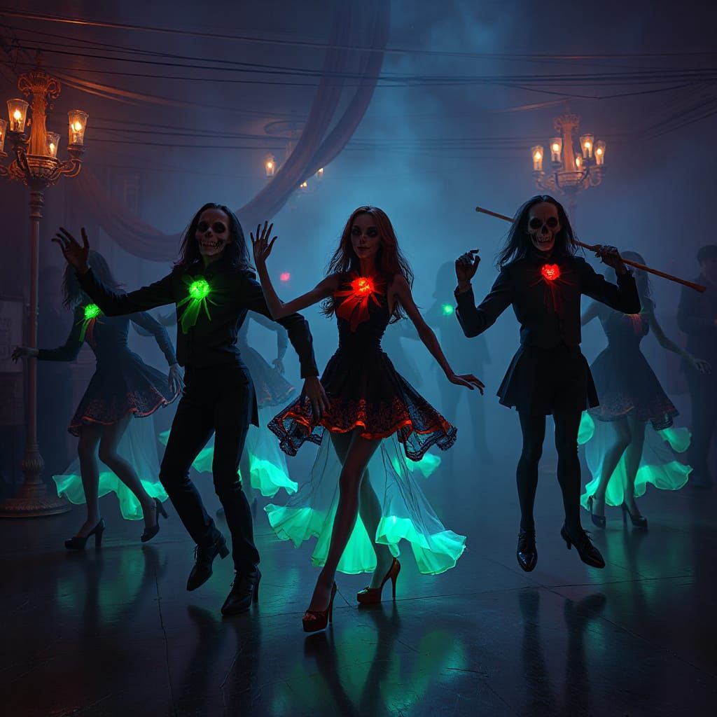 Undead Dancers in Neo-Noir Style with Bioluminescent Corsage...