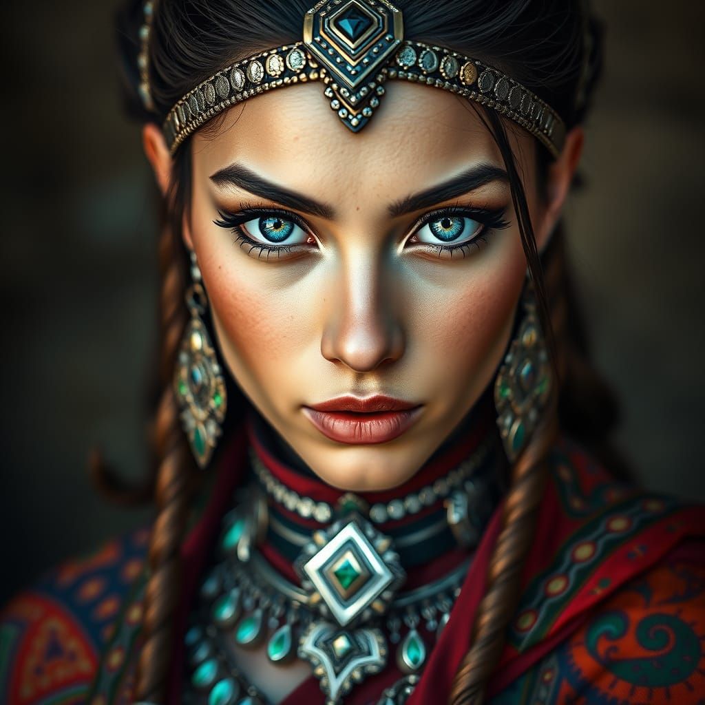 Hyperrealistic Warrior Woman in Detailed Traditional Attire