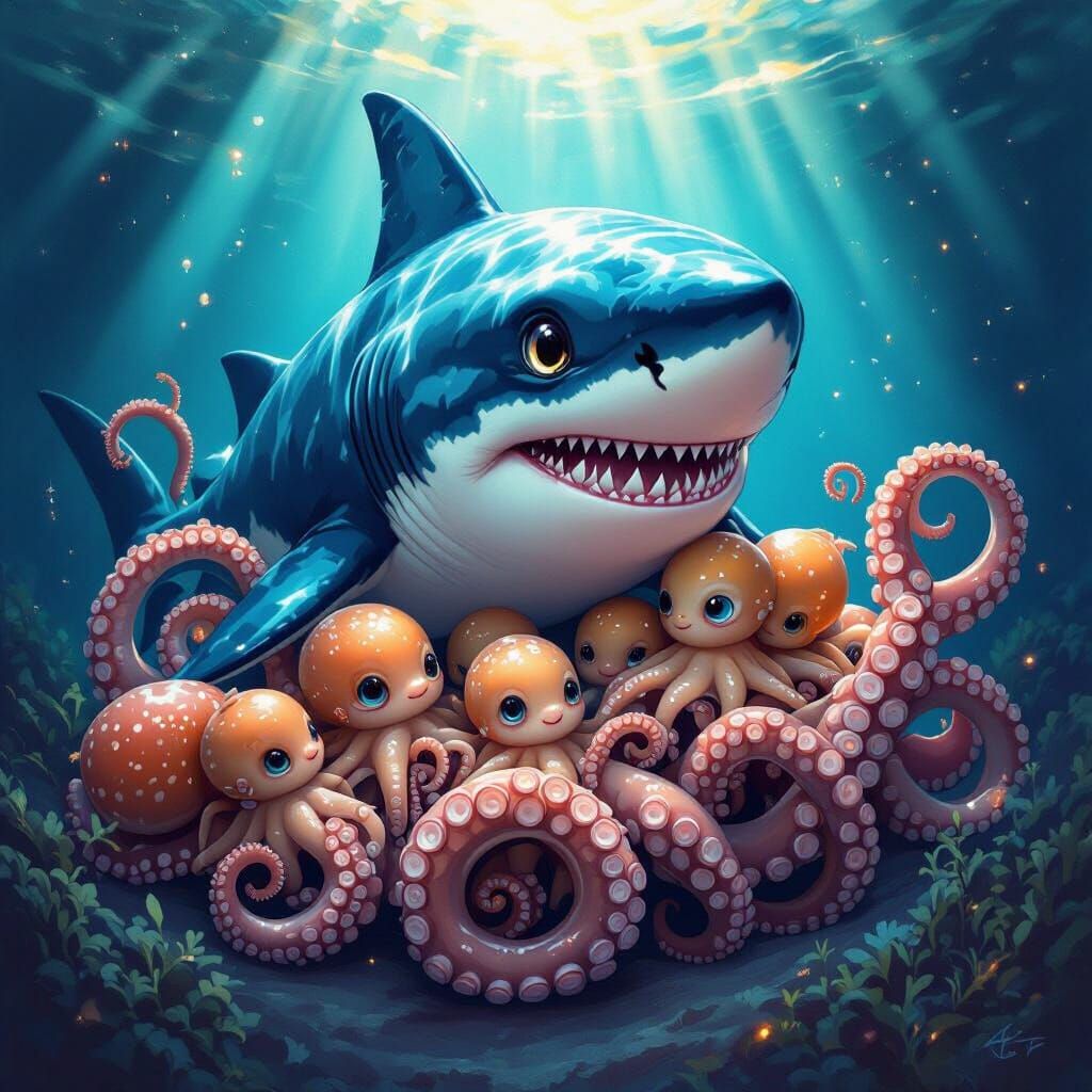 Shark Octopus Hybrid Tenderly Cradles Baby Octopuses