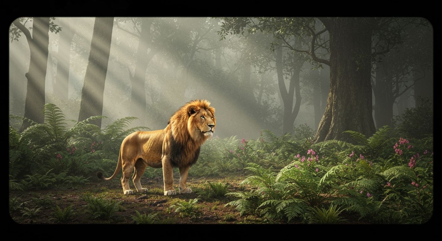 Lion in Misty Forest: A Vintage Cinematic Portrait