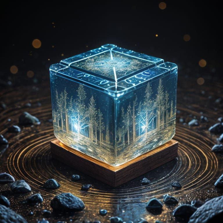 Mysterious Wooden Puzzle Cube with Gold Accents and Sapphire...