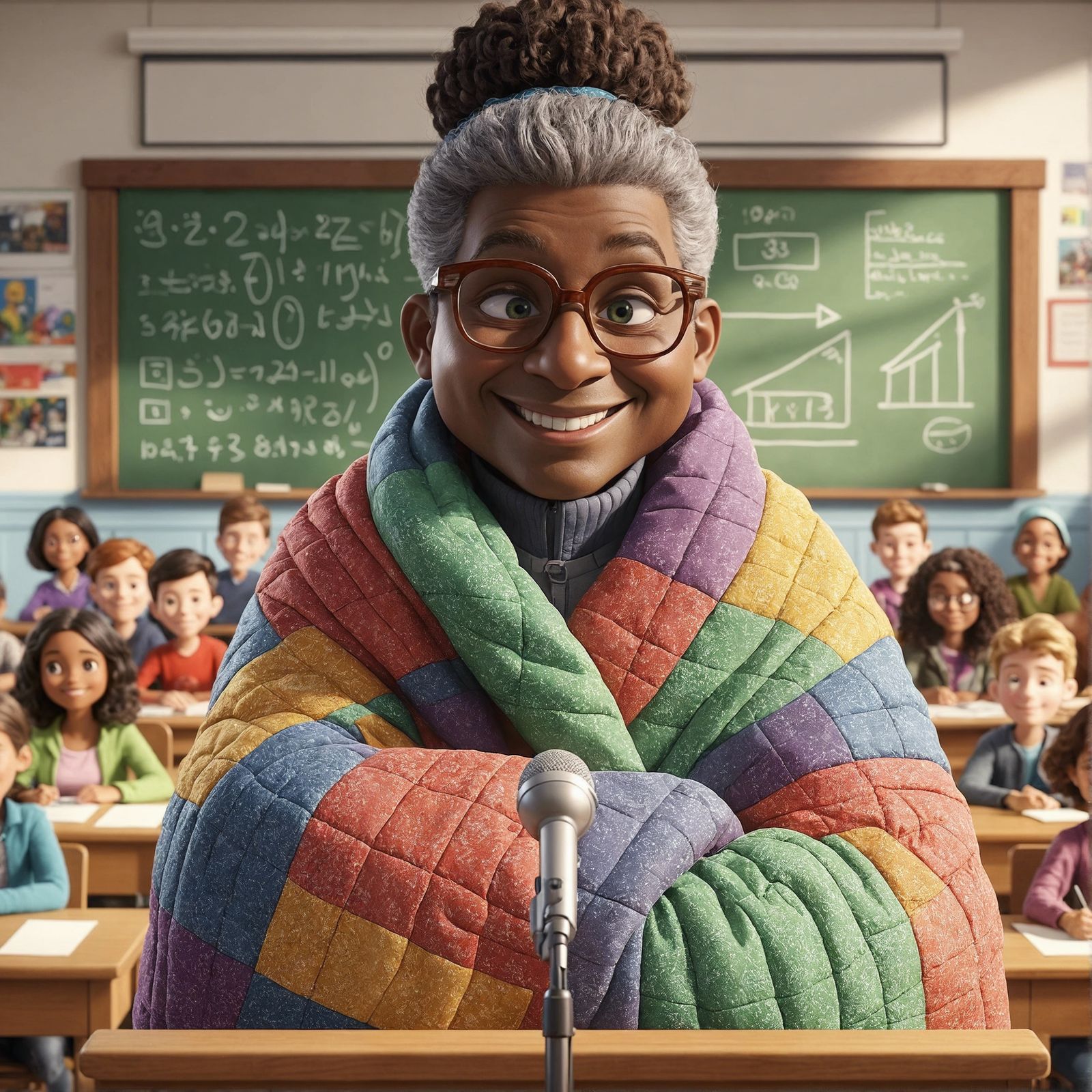 Cartoon College Dean Wrapped in a Quilt