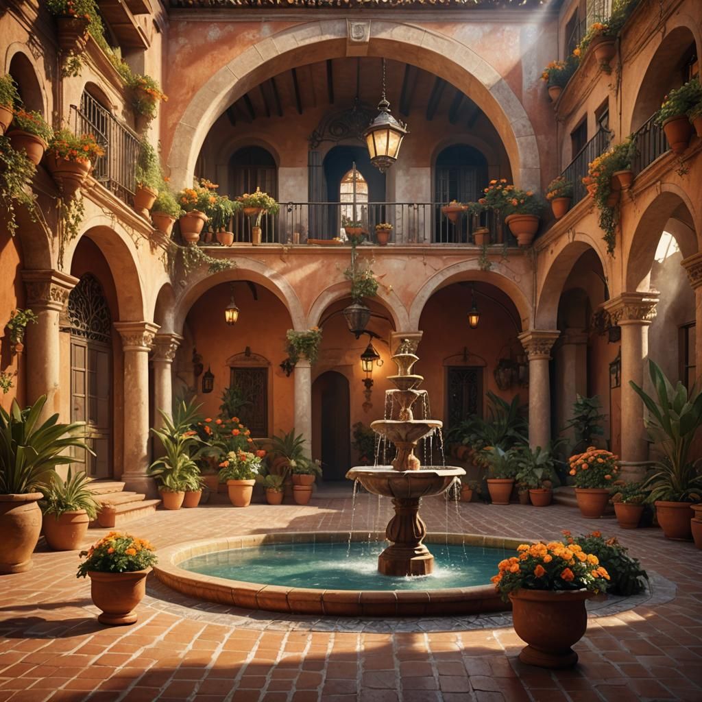 Baroque Spanish Courtyard with Fountain and Flowers