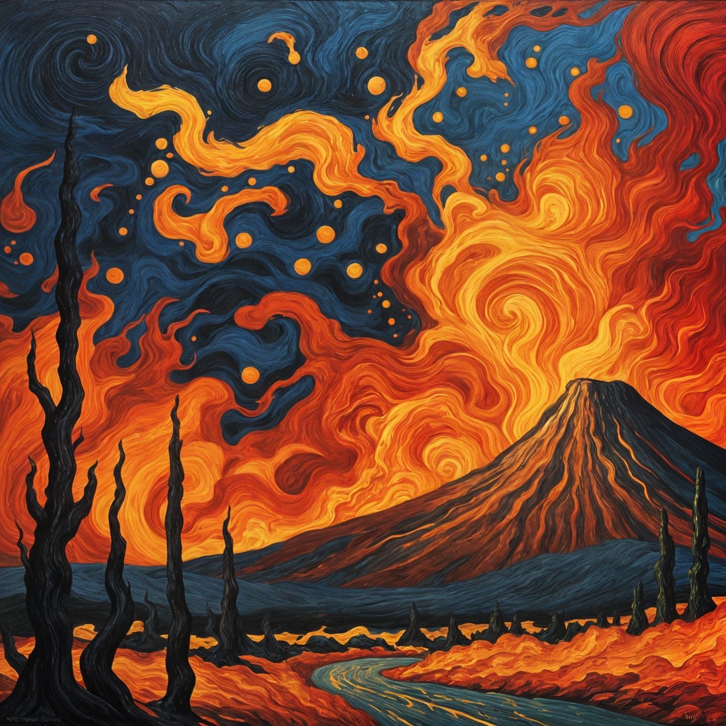 Volcano Eruption in Post-Impressionist Style