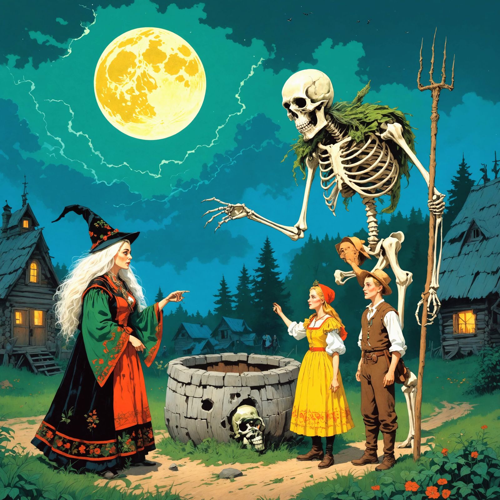 Russian Fairytale Scene with Baba Yaga and Skeleton