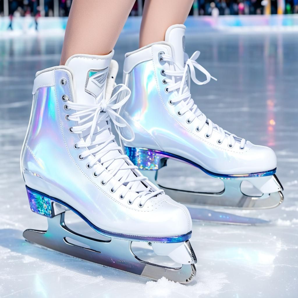 Ice Skates on Iridescent Ice: Ultra Realistic Close-Up