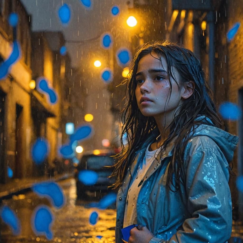 Rainy Alley: Girl's Hopeful Gaze in Urban Night