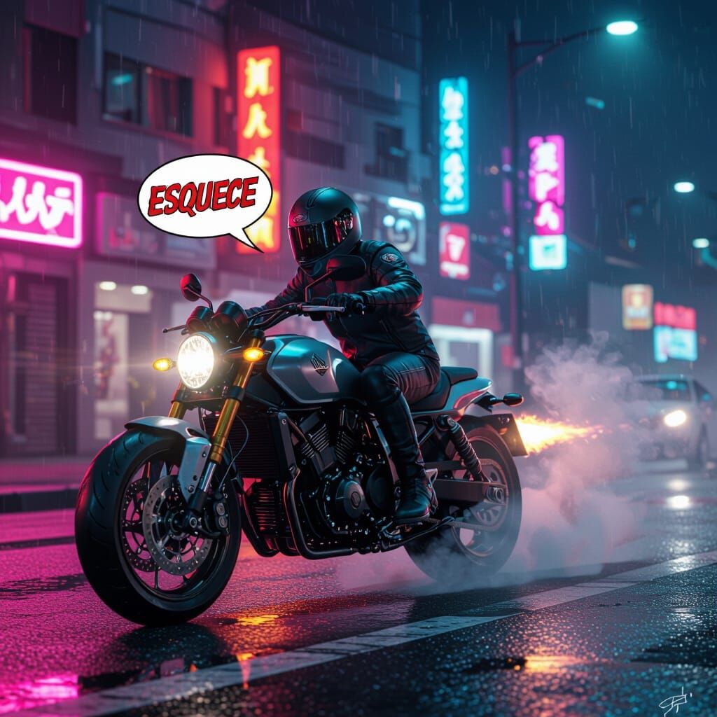 Mc Kevin on Hornet Motorcycle at Night with Neon Lights