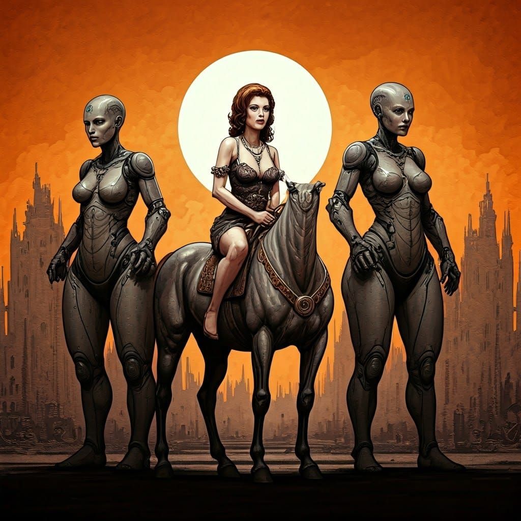 Biopunk Heiress Rides Centaur with Bodyguard Clones in a Gil...