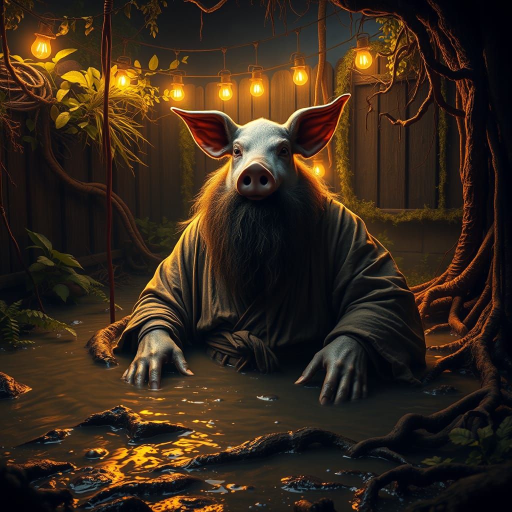 Mystical Pig Sage in Dark Fantasy Backyard