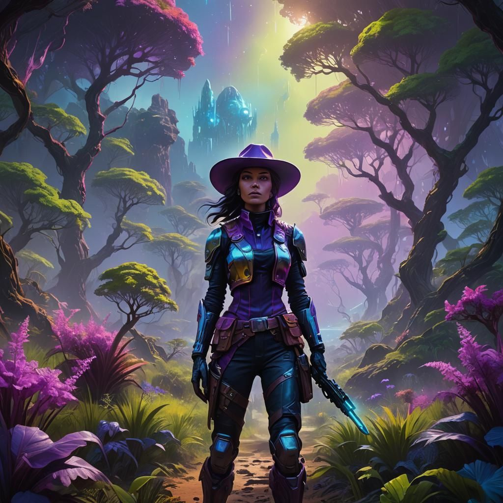 Sci-Fi Cowgirl Explorer on Alien Planet, Digital Art
