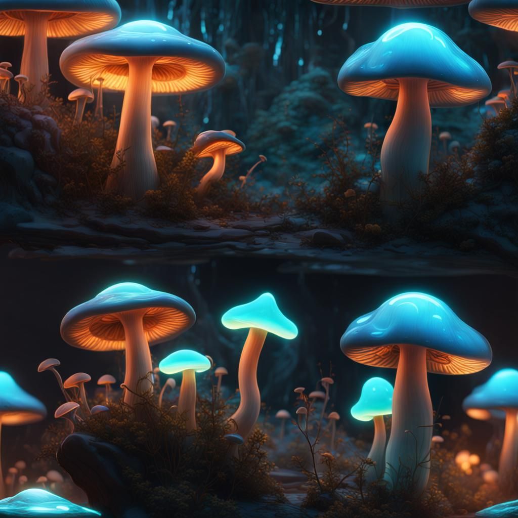 Glowing Bioluminescent Mushrooms in Glass Underwater