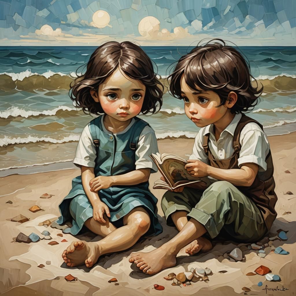 Children's Beach Conversation as Impasto Painting