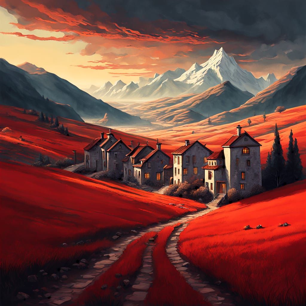 Surreal Village Landscape in Digital Matte Painting Style