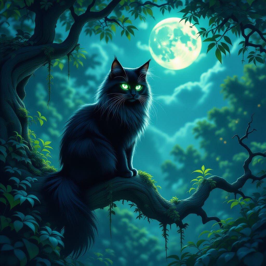 Shadowy Cat with Glowing Eyes in Moonlit Secret Garden