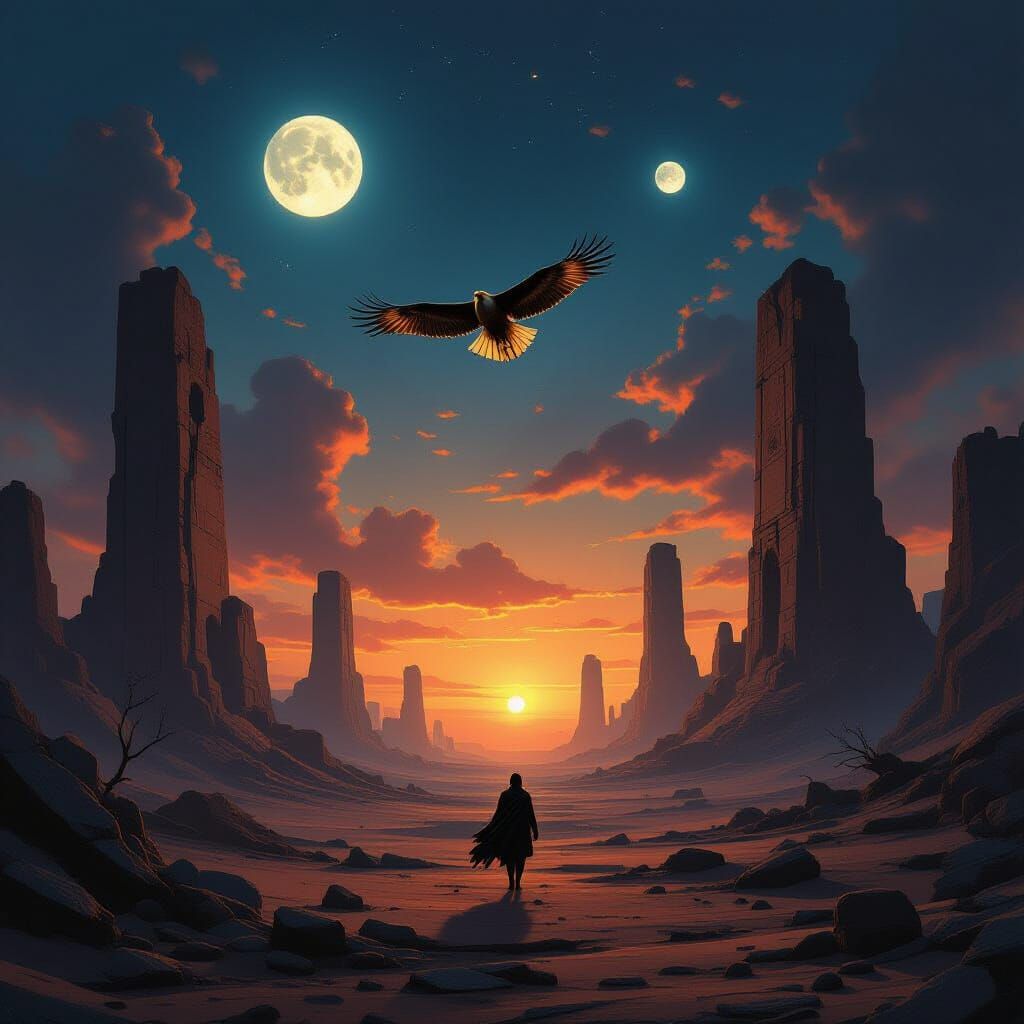 Lone Hawk Over Alien Ruins Under Twin Moons