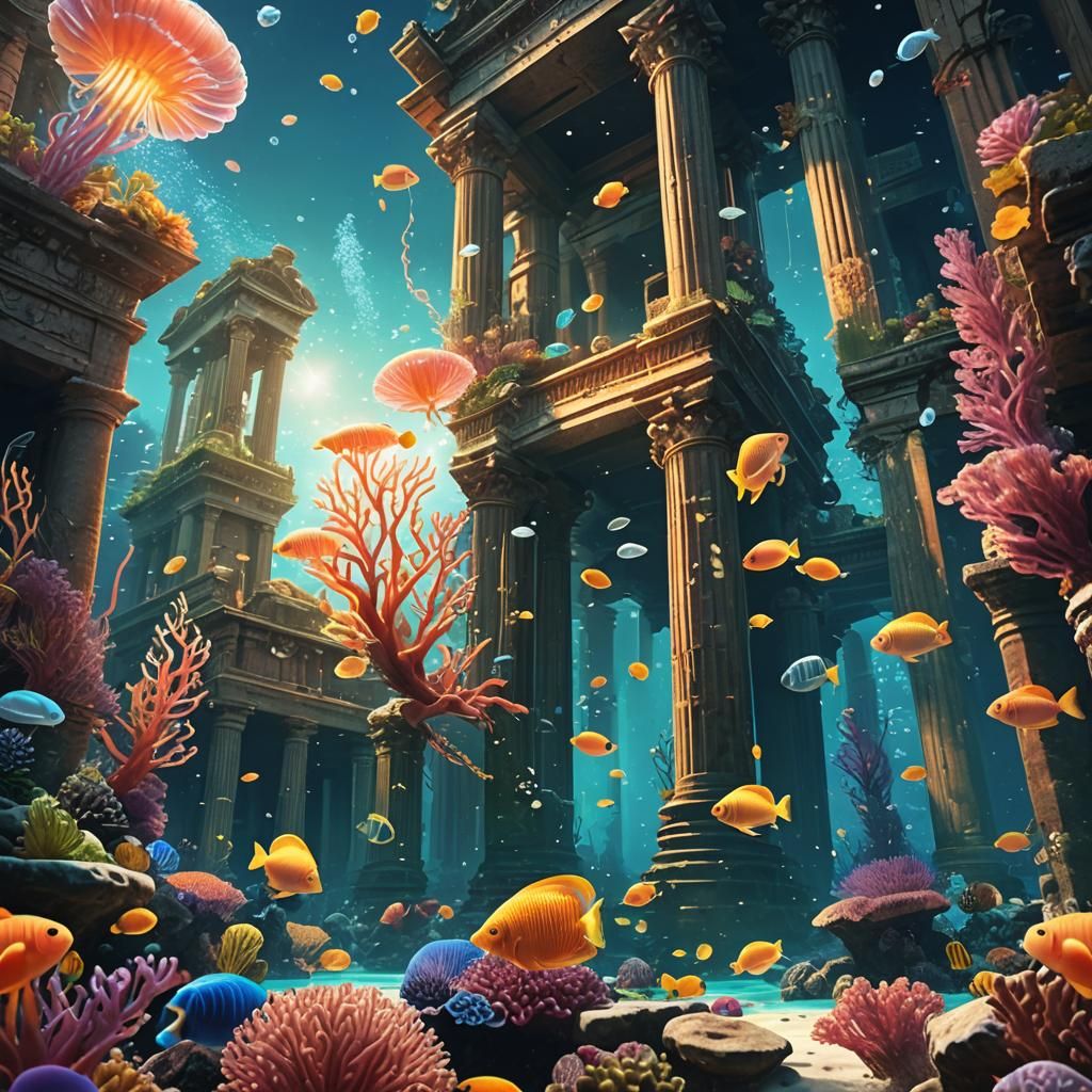 Majestic Underwater City with Bioluminescent Fish