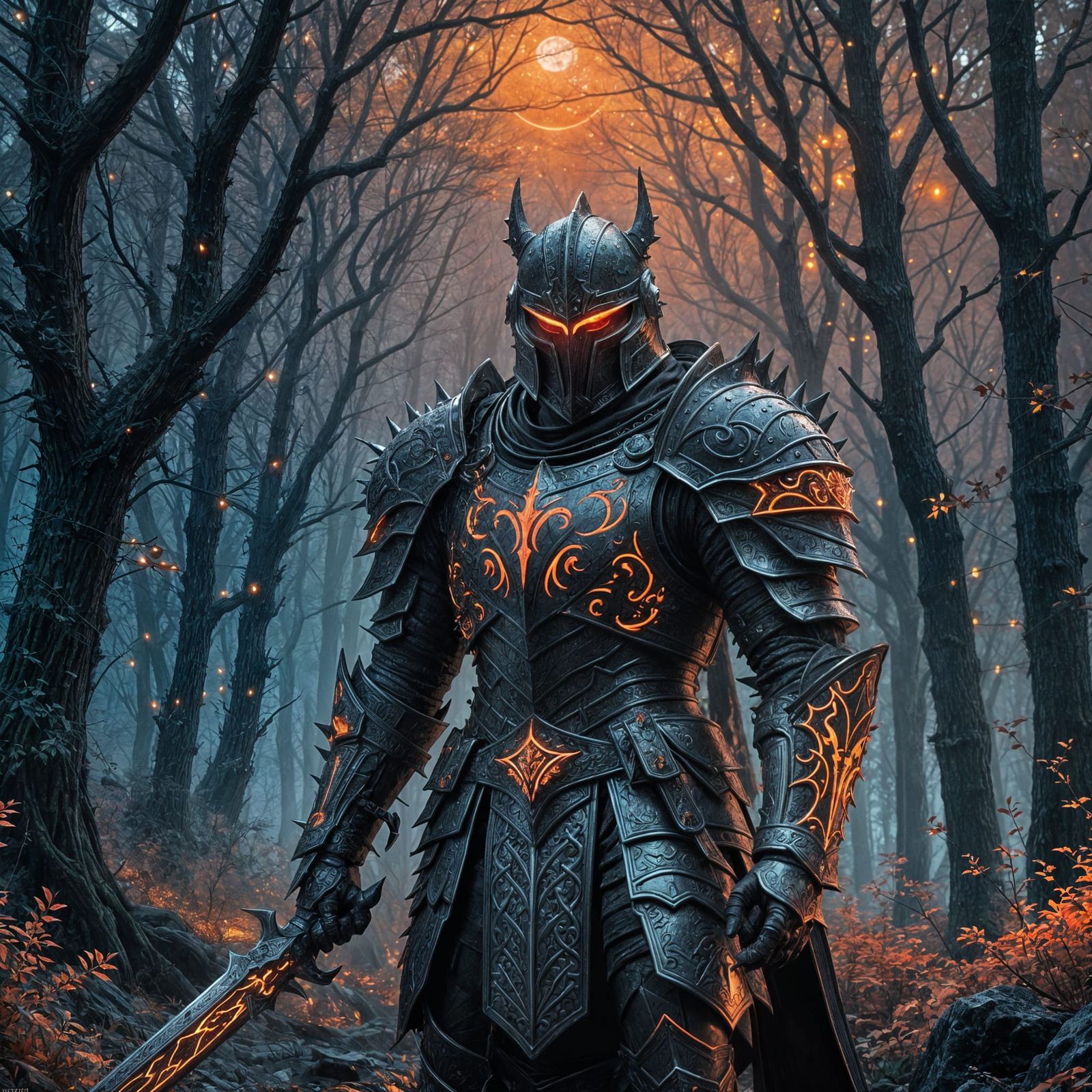 Knight in Black Armor with Tron-like Lights