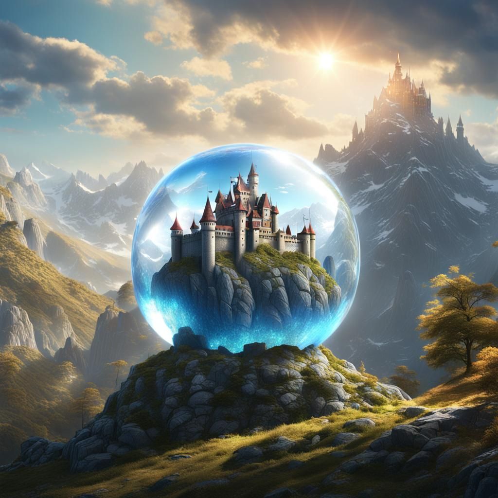Magical Castle in Mountains Under Glass Dome