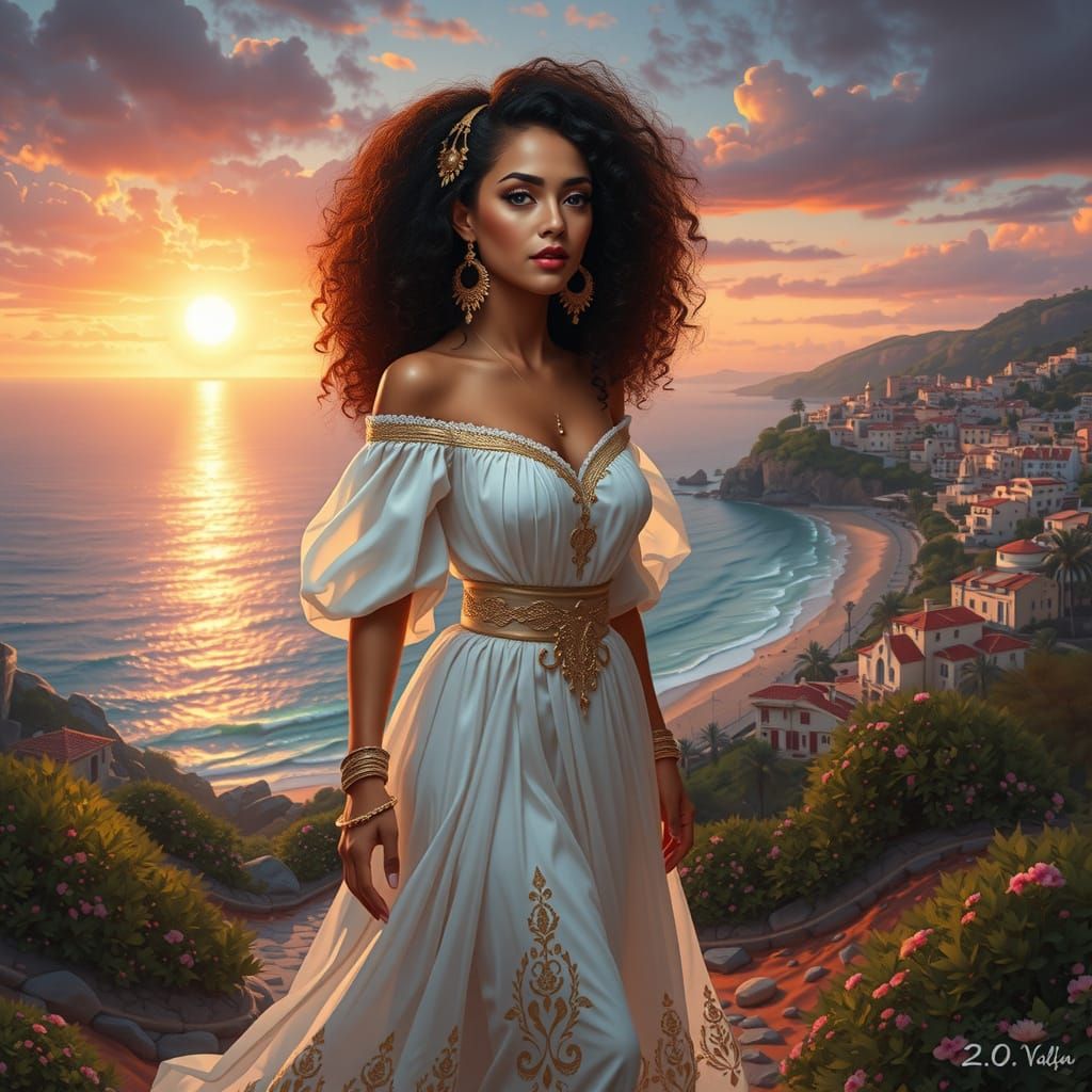 Woman Overlooking Coastal Town at Sunset