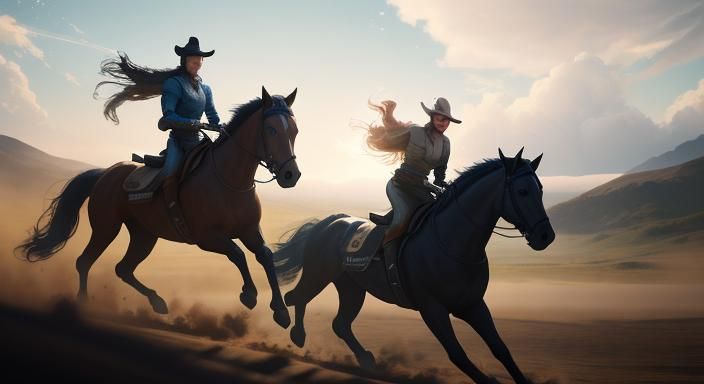 Horse and Rider Galloping Across Field in Digital Art