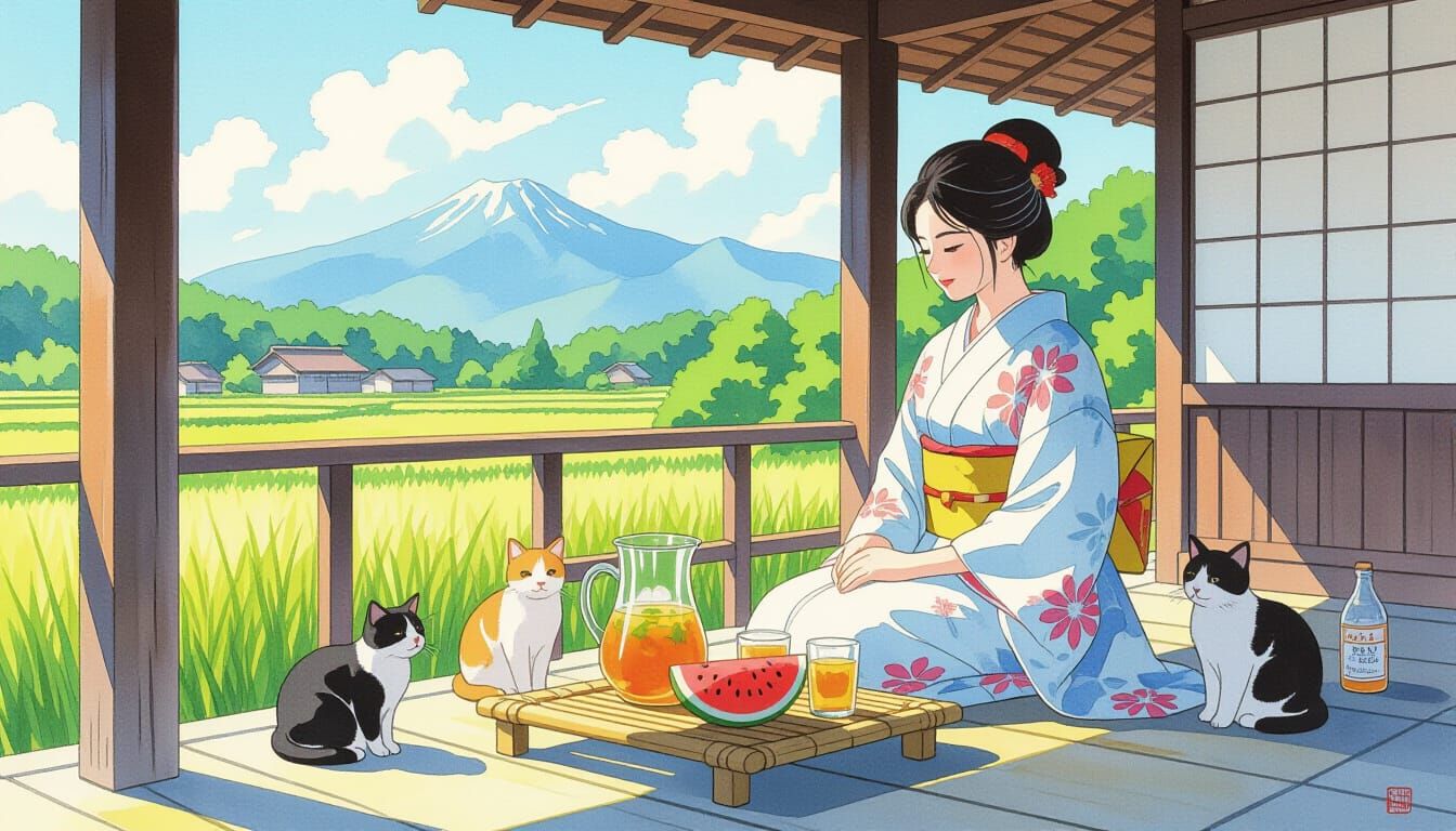 Serene Woman Enjoying Tea in Japanese Garden