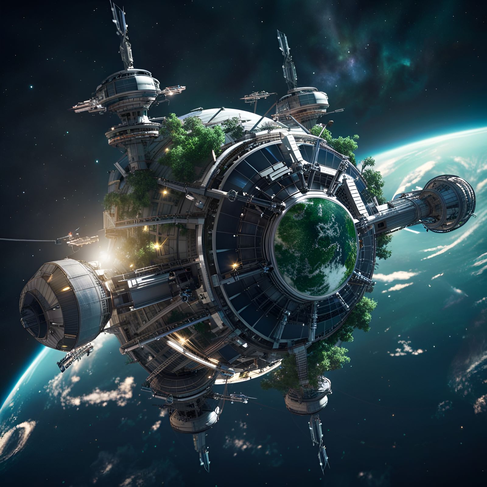 Space Station with Solar Windmills Orbiting Lush Planet