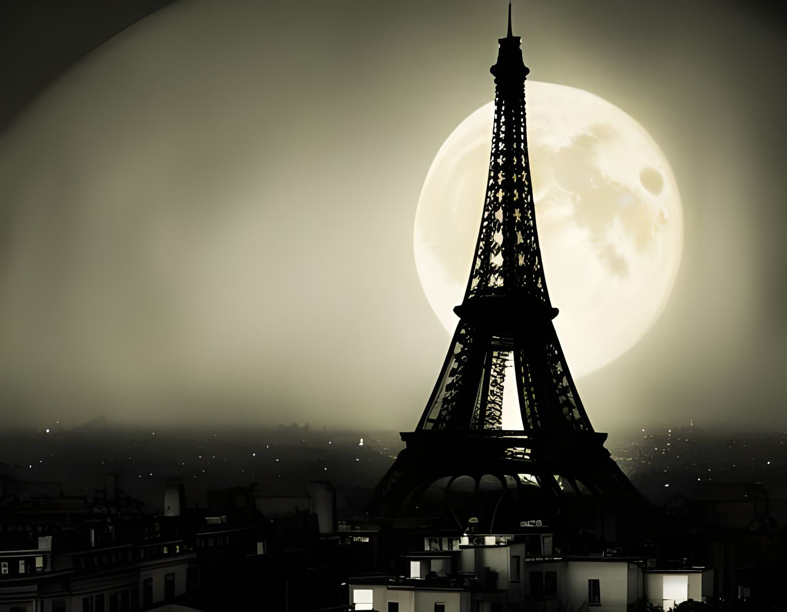 Eiffel Tower Noir Illustration with Moon