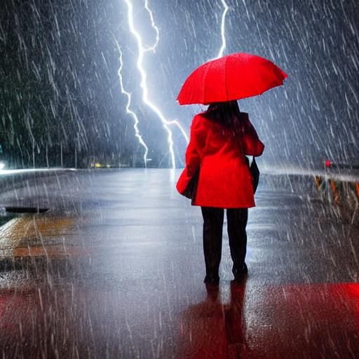 Woman in Red Umbrella Walking in Rainy Thunderstorm